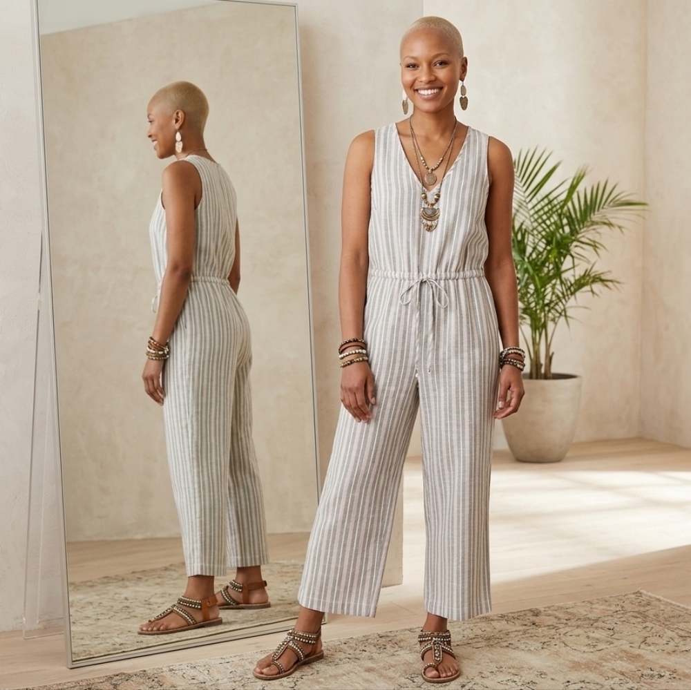 Anthropologie Striped Medium Cotton Comfy Weekend Resort Ankle Playsuit Romper